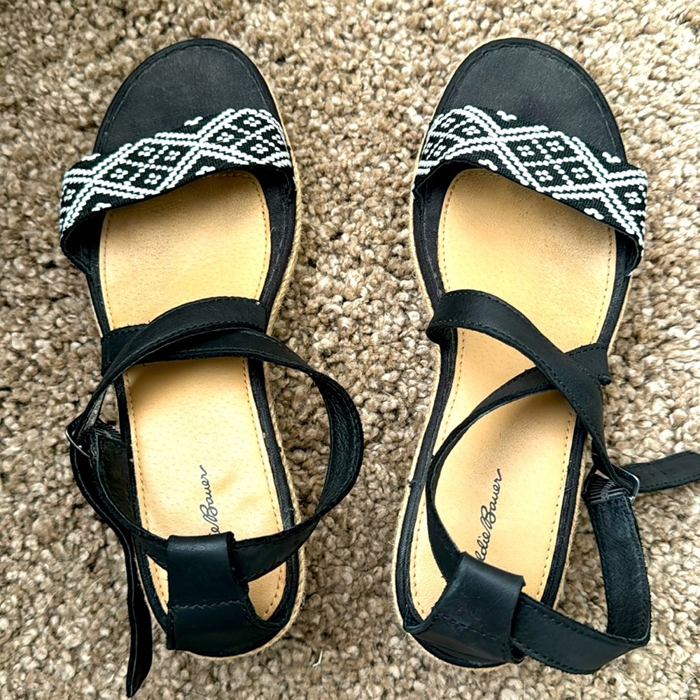 Eddie Bauer cross strap low platform espadrille.